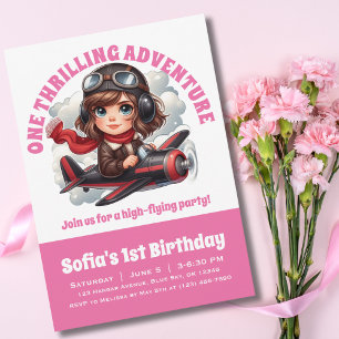 Invitación Piloto de niña linda vuela avión, Cumpleaños rosa