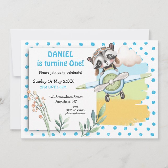 Invitación Piloto de Raccoon Cute Puntos Azules Primera Fiest (Anverso)