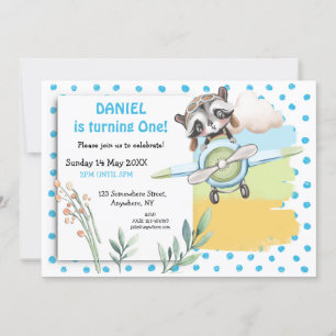 Invitación Piloto de Raccoon Cute Puntos Azules Primera Fiest
