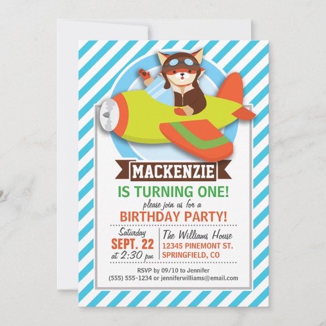 Invitación Piloto Fox en avión verde y Naranja; franjas azule (Anverso)