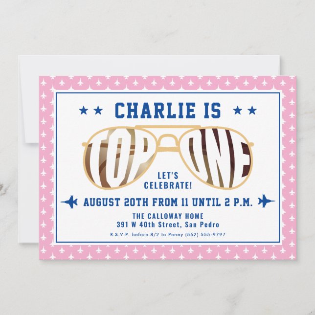 Invitación Piloto piloto de combate TopOne Rosado Tema de pri (Anverso)