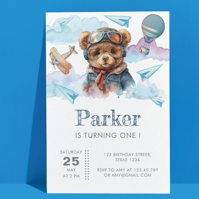 Invitación Piloto Teddy Bear Primeros Niños Cumpleaños (Subido por el creador)