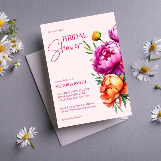Invitación Pimenta magenta rosa peach peonías elegantes de la (Pink magenta peach peonies bold elegant bridal shower editable template invitation digital download )