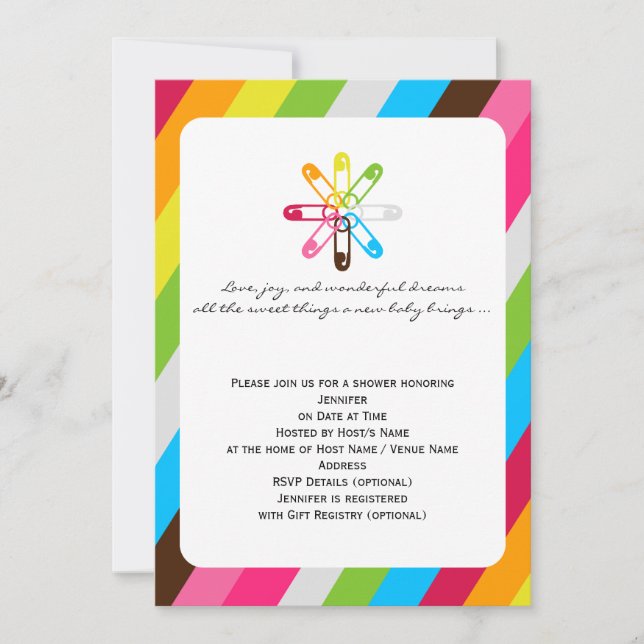 Invitación Pin brillante Baby Shower del pañal de la raya del (Anverso)