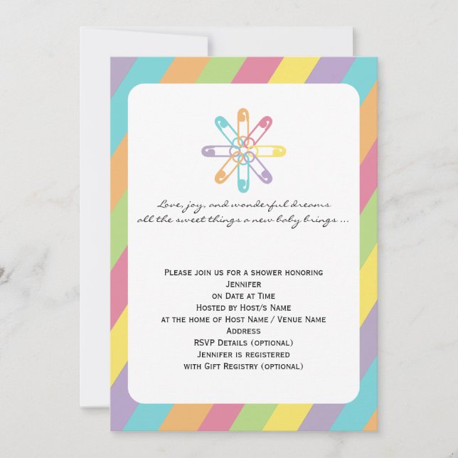 Invitación Pin de pañal Pastel Arco Iris Baby Shower (Anverso)