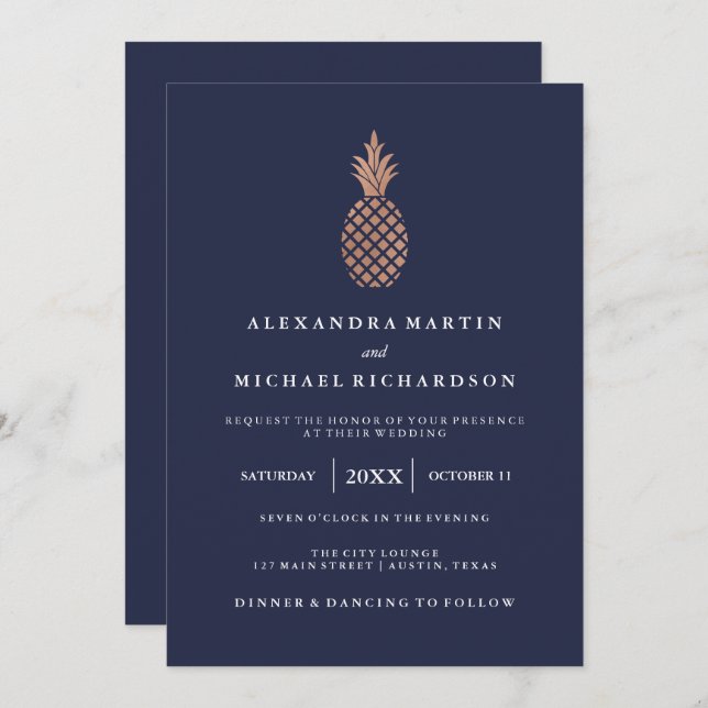 Invitación Piña de oro Rosa falsa sobre Boda azul de medianoc (Anverso / Reverso)