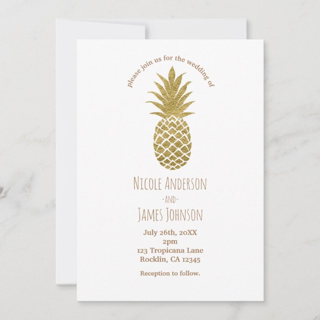 Invitación Piña Dorada Blanca Moderna Chic Tropical Boda (Anverso)