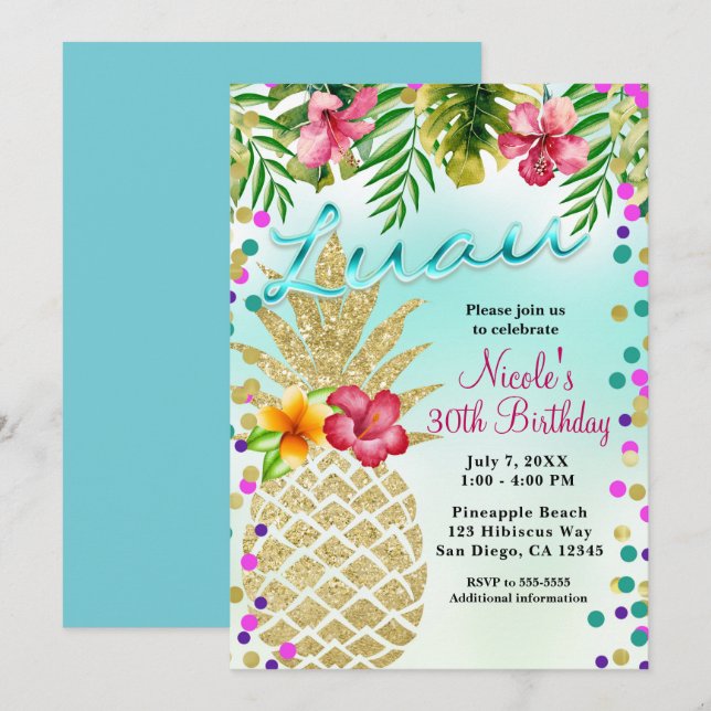 Invitación Piña dorada y Fiesta de las hojas tropicales de Lu (Anverso / Reverso)