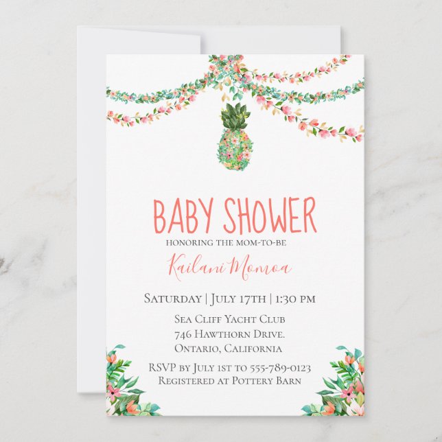Invitación Piña floral botánica Baby Shower (Anverso)