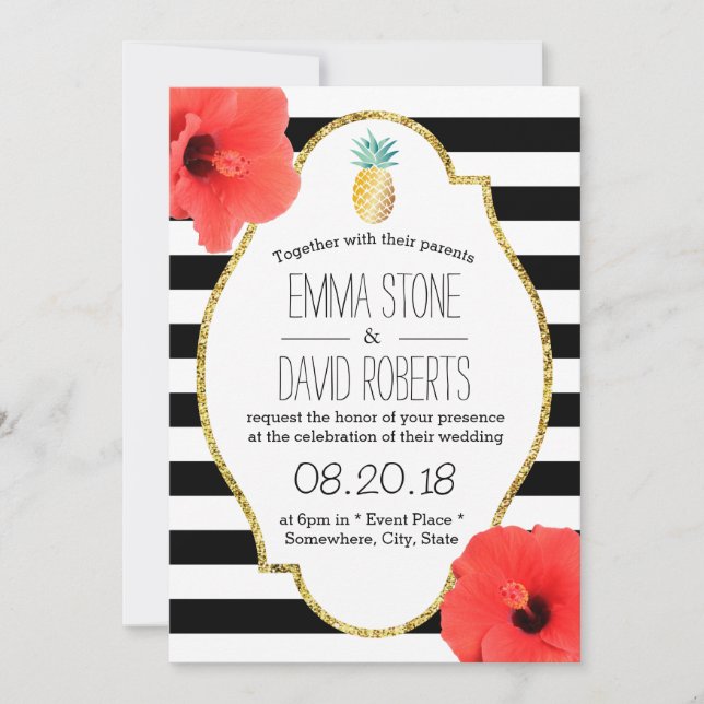 Invitación Piña hawaiana Hibiscus flor Boda moderno (Anverso)