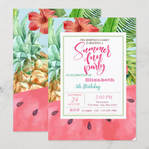 Invitación Piña,Hoja de Palma de Sandía Cumpleaños de Verano