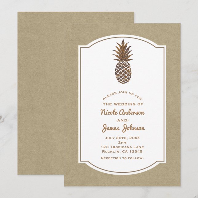 Invitación Piña Kraft Natural Tropical Bronce Dorado (Anverso / Reverso)