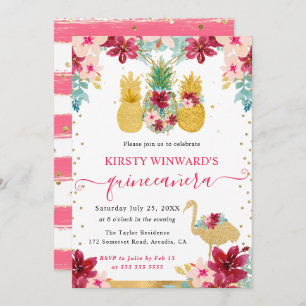 Invitación Piña rosa y dorada y flamenco Quinceanera