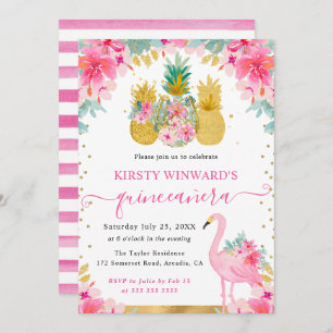 Invitación Piña rosa y dorada y quinceañera flamíngo