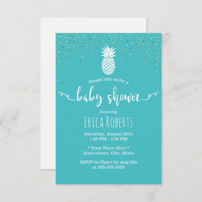 Invitación Piña tropical Baby Shower turquesa moderno (Anverso / Reverso)