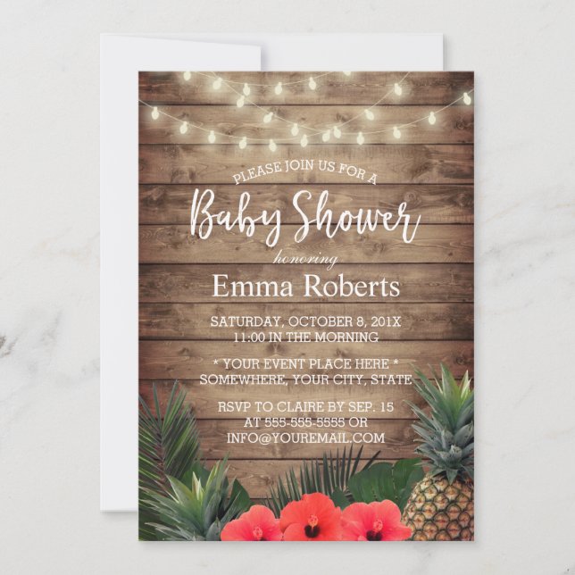 Invitación Piña tropical de Baby Shower y luces de cadena (Anverso)