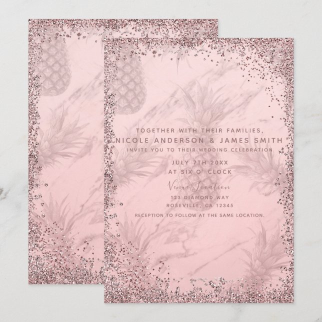 Invitación Piña Tropical de Boda con Brillo de Rosa Dorado Ro (Anverso / Reverso)