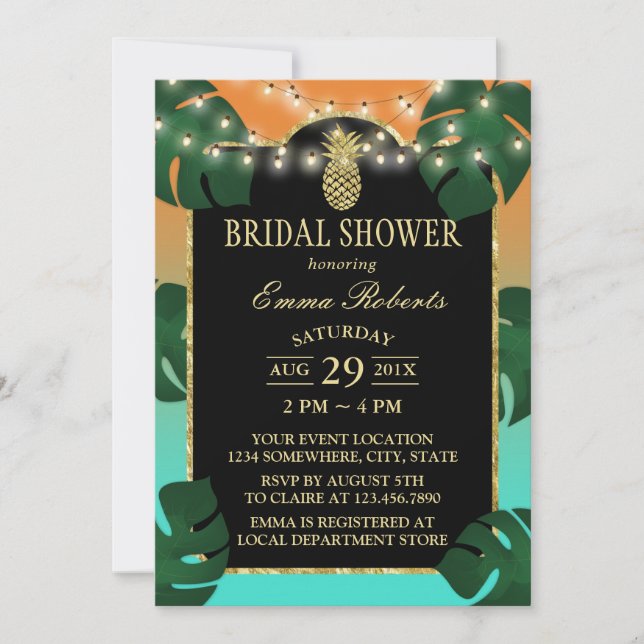 Invitación Piña Tropical De Oro De Piña Elegante Luau Bridal  (Anverso)