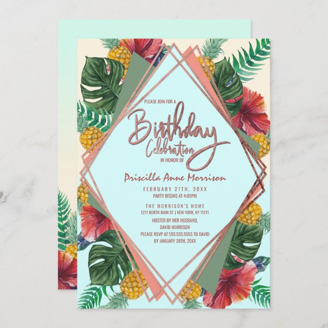 Invitación Piña tropical de verano deja cumpleaños floral (Anverso / Reverso)