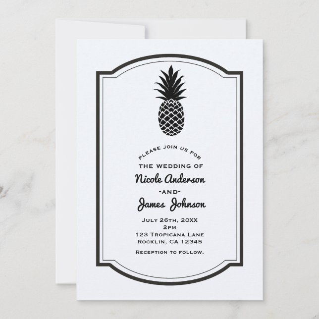 Invitación Piña Tropical en Blanco y Negro Elegante Chic (Anverso)