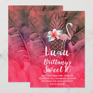 Invitación Piña Tropical Rosa Brillante Luau Cumpleaños Dulce