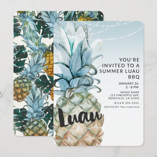Invitación Piña tropical y cadenas Luces de verano Luau BBQ (Anverso / Reverso)