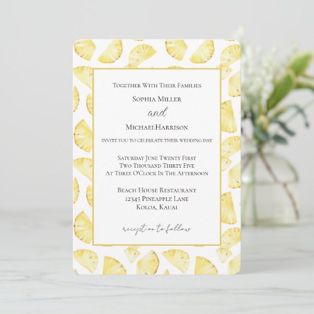 Invitación Piñas Amarillas Tropicales Boda   (Anverso de pie)