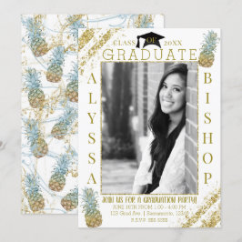 Invitación Piñas con Brillo Dorado Foto Graduación Graduado