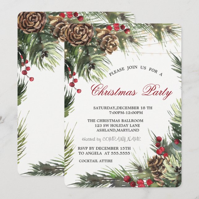 Invitación Piñas, Ramas de Pino Fiesta de Navidad (Anverso / Reverso)