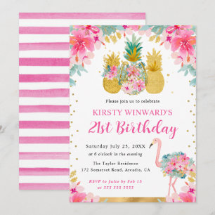 Invitación Piñas rosadas y doradas & Flamenco Cumpleaños 21