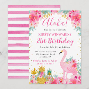 Invitación Piñas rosadas y doradas & Flamenco Cumpleaños 21