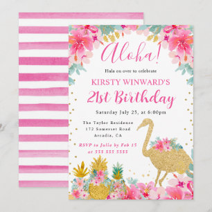 Invitación Piñas rosadas y doradas & Flamenco Cumpleaños 21