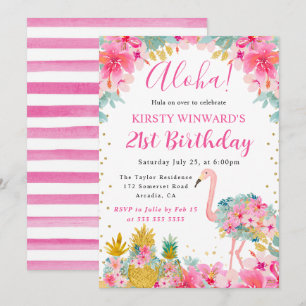 Invitación Piñas rosadas y doradas & Flamencos Cumpleaños 21