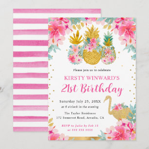 Invitación Piñas rosadas y doradas y cumpleaños 21 de flamenc