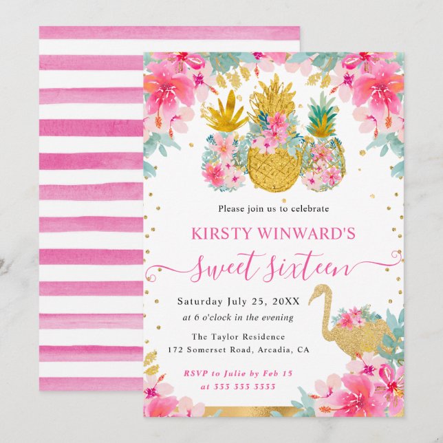 Invitación Piñas rosadas y doradas y Cumpleaños Dulce 16 de F (Anverso / Reverso)