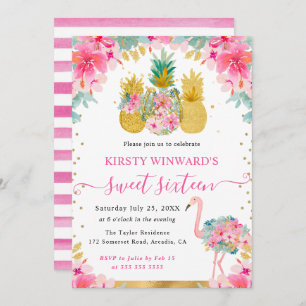 Invitación Piñas rosadas y doradas y dulces flamencos 16