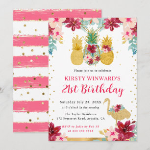 Invitación Piñas rosadas y doradas y Flamenco Cumpleaños 21