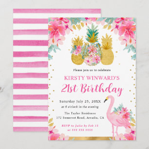 Invitación Piñas rosadas y doradas y Flamenco Cumpleaños 21