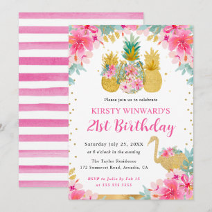 Invitación Piñas rosadas y doradas y Flamenco Cumpleaños 21