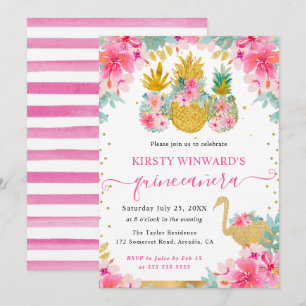 Invitación Piñas rosadas y doradas y Quinceañera de flamenco