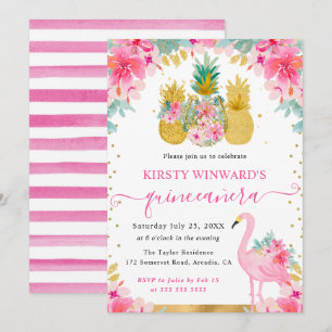 Invitación Piñas rosadas y doradas y Quinceañera de flamenco