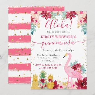 Invitación Piñas rosadas y doradas y Quinceañera de flamenco