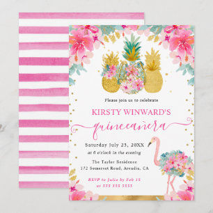 Invitación Piñas rosadas y doradas y Quinceañera de flamenco