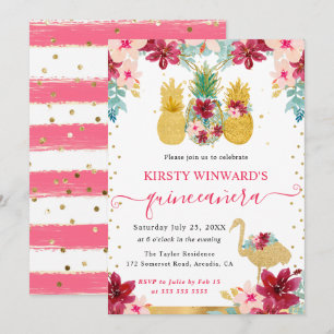 Invitación Piñas rosadas y doradas y Quinceañera de flamenco