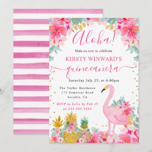 Invitación Piñas rosadas y doradas y Quinceañera de flamenco