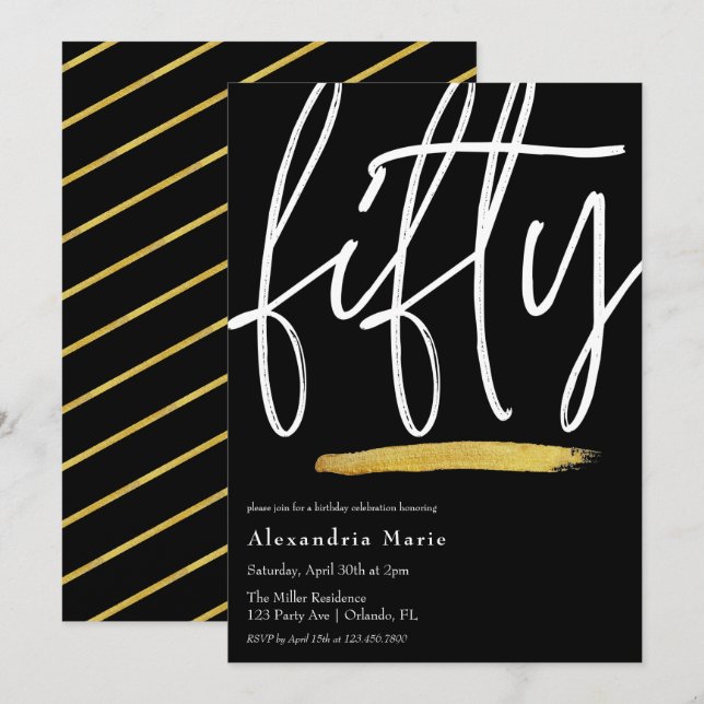 Invitación Pincel de oro elegante moderno 50 cumpleaños (Anverso / Reverso)