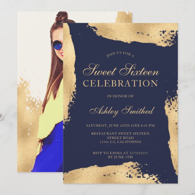 Invitación Pincel de oro Relieve metalizado metálico foto dul (Anverso / Reverso)