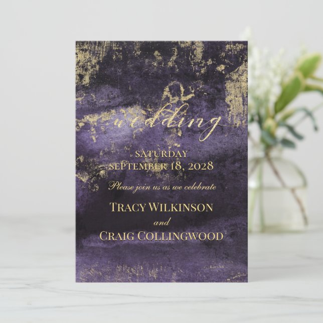 Invitación Pincel de oro sobre Boda de arte moderno profundo (Anverso de pie)
