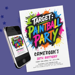 Invitación Pincel de Paintball Divertido Rosa Caliente Salpic