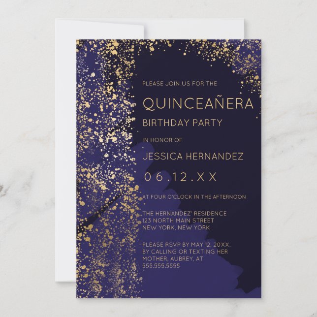 Invitación Pincel de pintura de oro de la marina Quinceañera (Anverso)